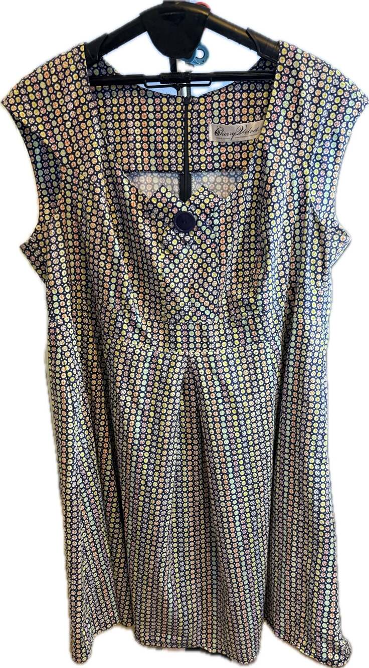 Cherry Velvet Plus Navy Dot Print Fit Flare cap sleeve 3x Dress pockets rockabil